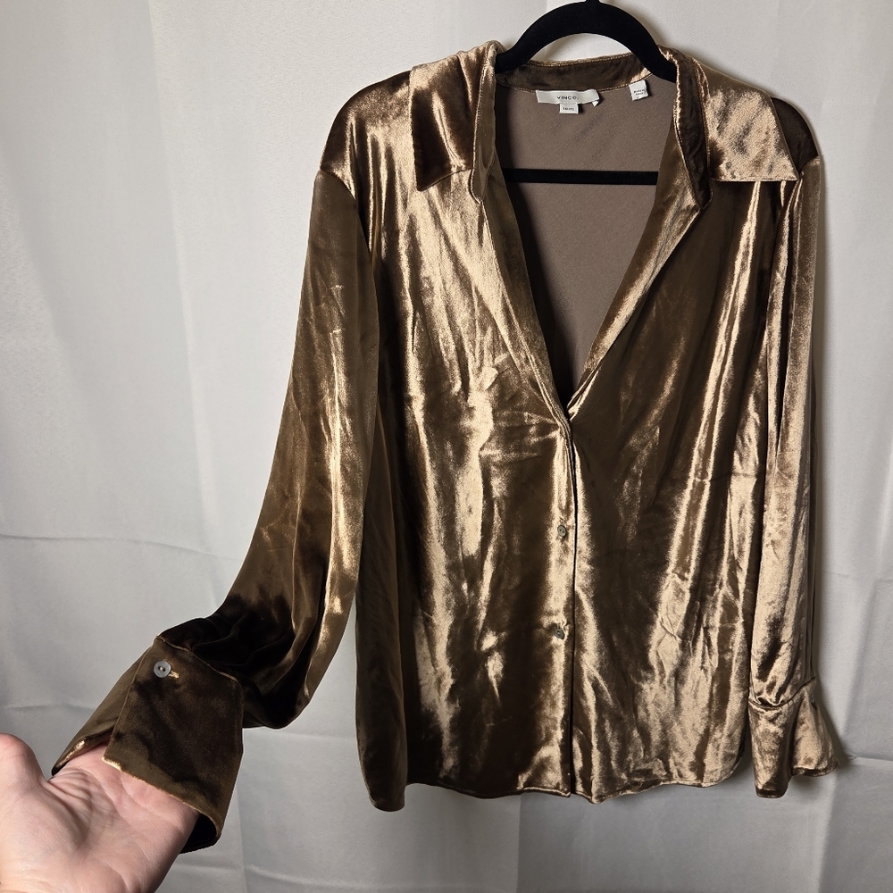 Vince Bias Long Sleeve Shirt Gold Velour Button Down Blouse Women's Size 1X - Picture 5 of 9